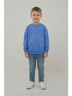 Evavi Çocuk Baskısız Düz Bisiklet Yaka Mavi Sweatshirt