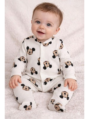 Minisoft Mickey Mouse Desenli Fitilli Ribana Pamuklu Full Çıtçıtlı Bebek Tulumu