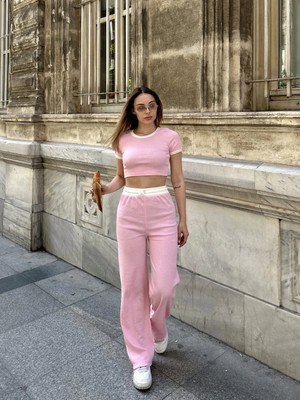 Hsc Bilişim Crop Pantolon Biyeli Takım Pembe