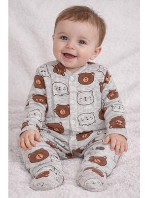 Minisoft Ayıcık Desenli Gri Melanj Pamuklu Patikli Full Çıtçıtlı Bebek Tulumu