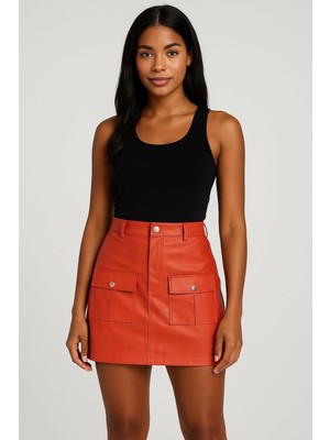 Hsc Bilişim Önden Iki Cepli Deri Etek Turuncu H240040