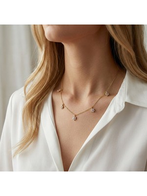 Vaoov 925 Ayar Gümüş Beyaz ve Pembe Taşlı Gold Çiçek Kolye