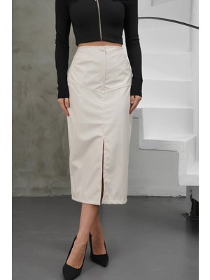 Hsc Bilişim Yırtmaçlı Uzun Deri Etek Krem