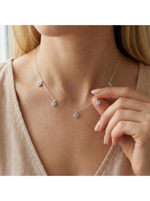 Vaoov 925 Ayar Gümüş Beyaz ve Mavi Taşlı Çiçek Kolye