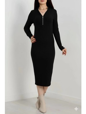 Hsc Bilişim Fermuar Detaylı Fitilli Şardonlu Elbise Siyah A3178