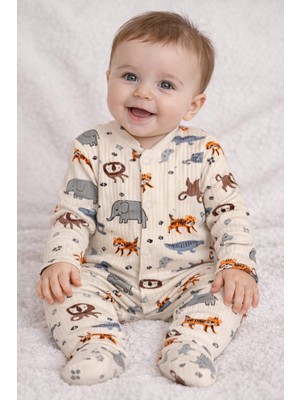 Minisoft Safari Desenli Fil ve Aslan Figürlü Pamuklu Patikli Erkek Bebek Tulumu