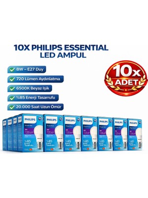 Kondel Aydınlatma 10 Adet Philips 8W E27 LED Ampul 6500K Soğuk Beyaz 720 Lümen