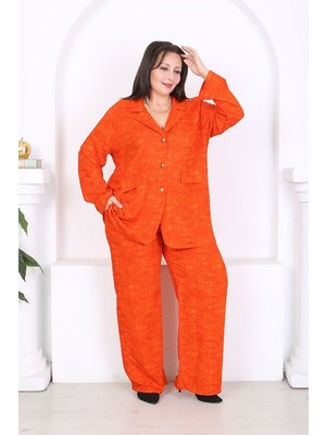Truva Xxl Büyük Beden Dokuma Viskon Ceket Pantolon Takım 46-56 Beden Arası Rahat Kalıp Turuncu Şık Kombin