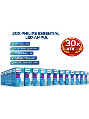 Kondel Aydınlatma 30 Adet Philips 8W E27 LED Ampul 6500K Soğuk Beyaz 720 Lümen