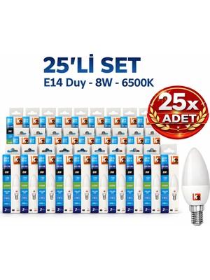 Kondel Aydınlatma 25 Adet K2 8W E14 LED Ampul 6500K Soğuk Beyaz 720 Lümen