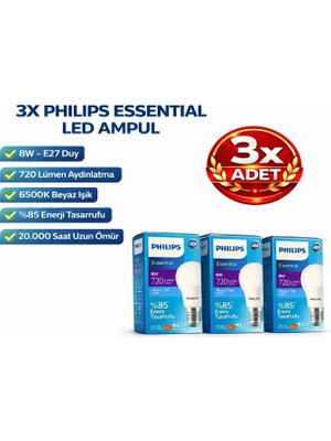 Kondel Aydınlatma 3 Adet Philips 8W E27 LED Ampul 6500K Soğuk Beyaz 720 Lümen