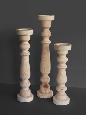 Yegane Concept Cilasız Ağaç 3'lü Dekoratif Şamdan Mumluk Torna El Işçiliği, 45-55-65 cm