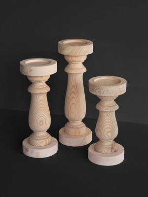 Yegane Concept Cilasız Ağaç 3'lü Dekoratif Şamdan Mumluk Torna El Işçiliği, 30-35-40 cm