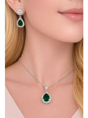 Siset Gümüş 925 Ayar  Rodyum  Kaplama  Damla  Zümrüt Taşlı  Gümüş  Ikili  Set