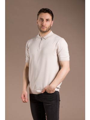 Zeki Özer Erkek Bej Basic Triko T-Shirt
