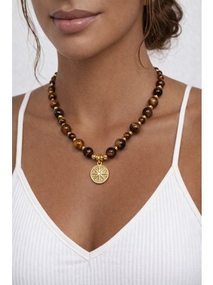 Kaplan Gözü Doğal Taşlı Gold Madalyon Kadın Kolye