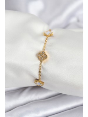 İlk El Grup Ieg™  316L Çelik Gold Renk Beyaz ve Zirkon Taşlı Baby Boy Yonca Kadın Bileklik TG27BB7955