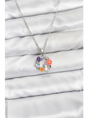 İlk El Grup Ieg™  316L Çelik Zincir Gümüş Renk Çiçekli Kedili Model Kadın Kolye TG27BKO10870