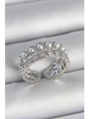 İlk El Grup Ieg™  Pirinç Gümüş Renk 2'li Sıra Zirkon Taşlı ve Incili Ayarlanabilir Kadın Yüzük TG27