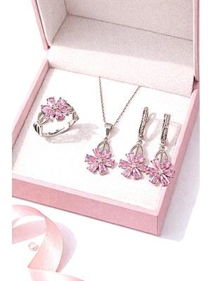 Siset Gümüş 925 Ayar  Rodyum  Kaplama  Pembe  Zirkon  Taşlı Lotus  Çiçeği Gümüş Set