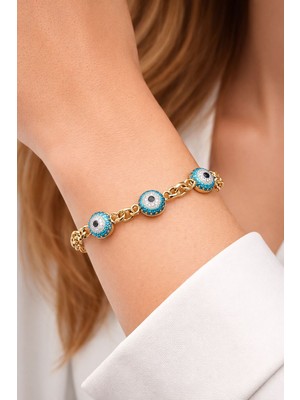 db DİLEK BAŞ TASARIM Çelik Gold Nazar Boncuklu Zincir Kadın Bileklik