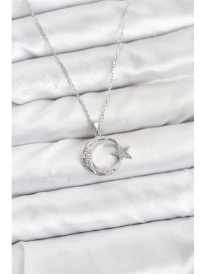 İlk El Grup Ieg™  316L Çelik Zincir Gümüş Renk Ay Yıldız Model Zirkon Taşlı Kadın Kolye TG27BKO10904