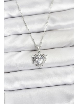 İlk El Grup Ieg™  316L Çelik Zincir Gümüş Renk Kalp Model Zirkon Taşlı Kadın Kolye TG27BKO10882