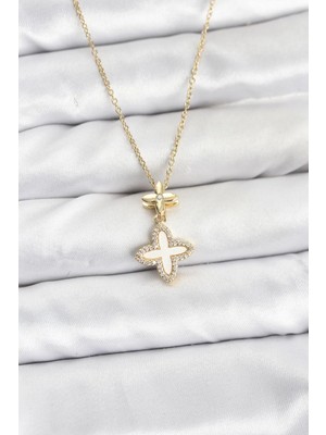 İlk El Grup Ieg™  316L Çelik Zincir Gold Renk 4 Yapraklı Yonca Model Zirkon Taşlı Kadın Kolye TG27BKO1088