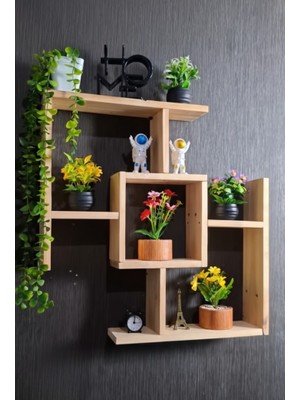 Genel Dekoratif Ahşap Duvar Rafı - 75X75 cm Modern Çapraz Tasarım Kitaplık ve Çiçeklik - Doğal Ahşap