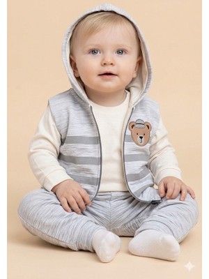 Efemkids 6/24 Ay 3'lü Erkek Bebek Takım %100 Pamuklu Ayı Baskılı Yenidoğan Bebek Takımı