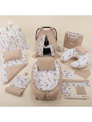 Özgürce 15 Parça Bej Müslin Bebek Seti, Puset Örtüsü, Emzirme Önlüğü ve Minder
