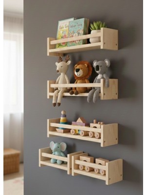 Genel Ahşap Çocuk Odası Montessori Raf Kitaplık 4’lü Set - Duvara Monte Oyuncak Rafı 100X40 cm