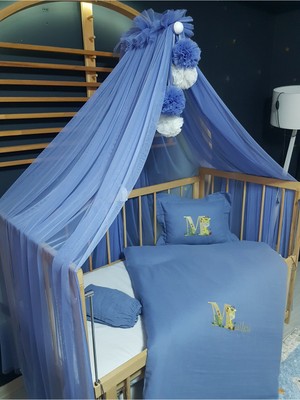 Özgürce Rüya Gibi Nakışlı Müslin Uyku Seti, Yorgan Kılıfı, Ponponlu Cibinlik Tülü ve Aparat