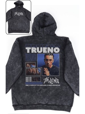 Fuddy Moda Unisex Trueno Sırt Baskılı Kapüşonlu Yıkamalı Sweatshirt, Oversize Rapper Temalı Vintage Hoodie