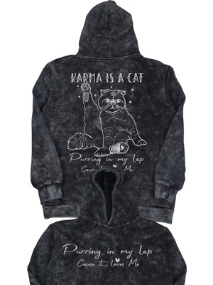 Fuddy Moda Unisex Karma Is Cat Sırt Baskılı Kapüşonlu Yıkamalı Sweatshirt, Oversize Taylor Swift Temalı Hoodie