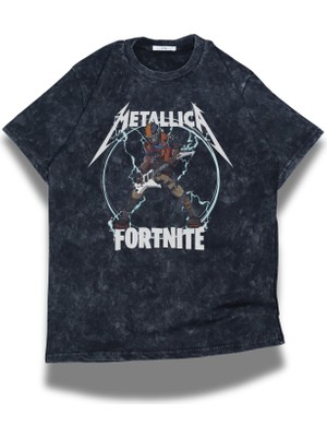 Fuddy Moda Unisex Metallica Fort.nite Baskılı Yıkamalı T-Shirt, Oversize Rock Band Temalı Retro Tişört
