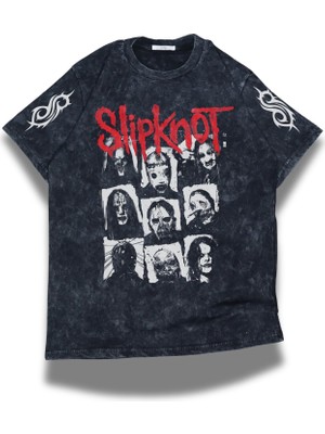Fuddy Moda Unisex Slipknot Logo Kol Baskılı Yıkamalı T-Shirt, Oversize Rock Band Temalı Retro Tişört