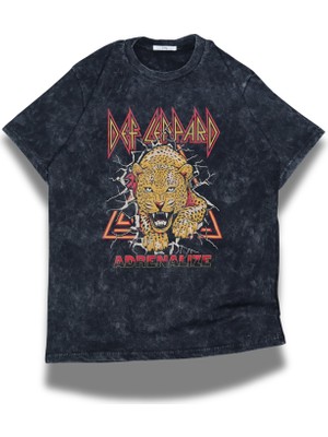 Fuddy Moda Unisex Adrenalize Yazılı Yıkamalı T-Shirt, Oversize Rock Band Def Leppard Temalı Retro Tişört