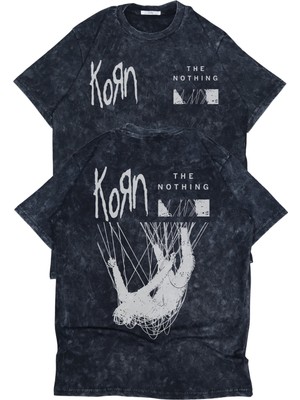 Fuddy Moda Unisex Korn The Nothing Sırt Baskılı Yıkamalı T-Shirt, Oversize Rock Band Temalı Retro Tişört
