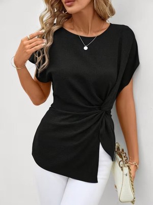 Arben Boutique Kadın Kısa Kollu Yuvarlak Yakalı Yandan Sarmal Detaylı Bürümcük Bluz
