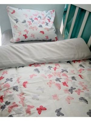 Özgürce %100 Pamuk Bebek/çocuk Park Beşik Yastık ve Çarşaf Seti, Pembe Gri Kelebekli