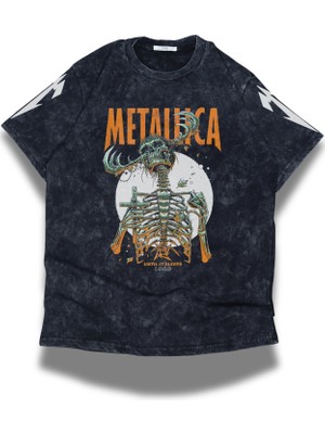 Fuddy Moda Unisex Metallica Logo Kol Baskılı Yıkamalı T-Shirt, Oversize Rock Band Temalı Retro Tişört