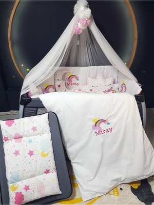 Özgürce Sevimli Nakışlı Bebek Uyku Seti 70X110, Ponponlu, Cibinlikli ve Aparatlı