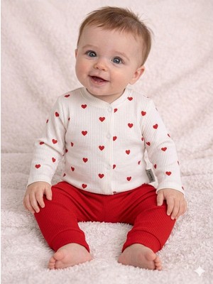 Nurhas Kırmızı Kalp Desenli Fitilli Pamuklu 2'li Bebek Alt Üst Takım