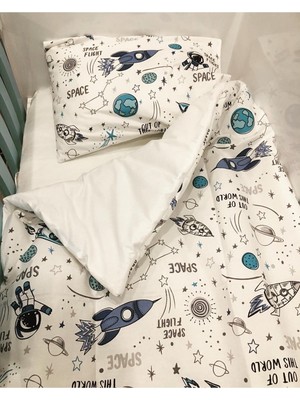 Özgürce Yumuşak Pamuklu Bebek Çocuk Yastık Çarşaf Yorgan Seti, Uzay Desenli, 80X130
