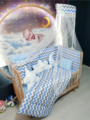 Özgürce 70X130 Bebek Uyku Seti Zigzag Desen 11 Parça Cibinlikli (Beşik Dahil Değil)