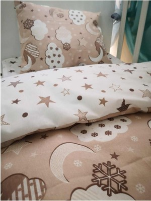 Özgürce Çocuk Pamuklu 50X90 Yastık Çarşaf Yorgan Seti, Kahverengi, Ay Yıldızlı