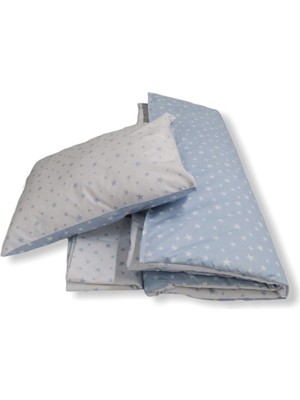 Özgürce Yumuşak Pamuklu Bebek Yastık ve Çarşaf Seti, Mavi Beyaz Yıldız Detaylı, 80X130