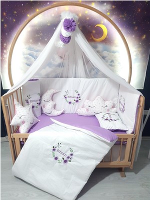 Özgürce 70X130 Nakışlı Bebek Uyku Seti, Lüks Cibinlik ve Aparatlı, 17 Parça