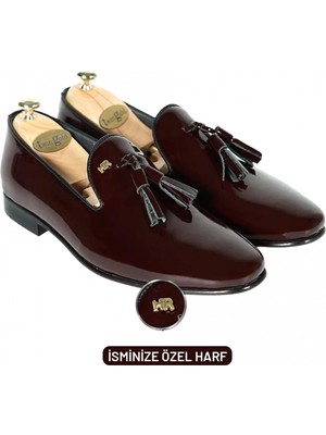 Değirmen Grup Isme Özel Rugan Püsküllü Kösele Erkek Ayakkabı - %100 Hakiki Deri - Gümüş Konseptli - AA01015 - Bordo
